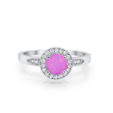 Halo Art Deco Engagement Ring Round Lab Created Pink Opal 925 Sterling Silver